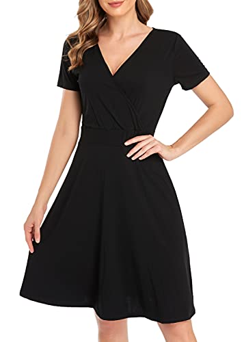 Sommerkleid Damen V Ausschnitt Midikleider im Wickel-Look Elegant Kurze Ärmel Wickelkleider Ausgestelltes Partykleid Business Kleider(B,L) von Derssity