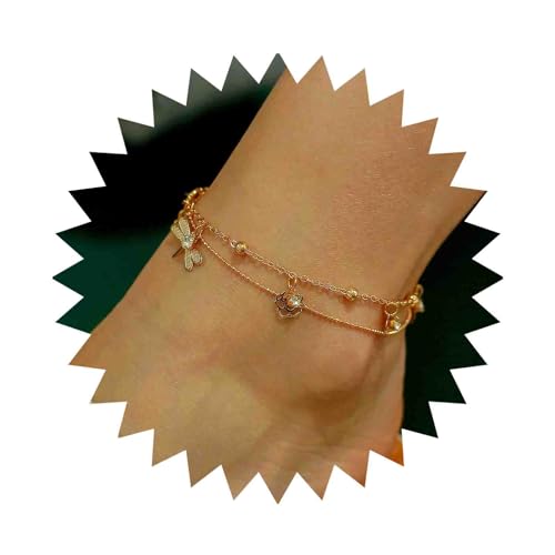 Dervivea Böhmen Geschichtet Fußkettchen Armband Rose Blume Libelle Knöchel Kette Gold Kristall Perlen Fußkettchen Rose Blume Fußkettchen Fußkette Schmuck Für Frauen Und Mädchen von Dervivea