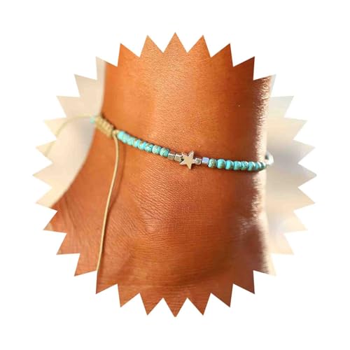 Dervivea Böhmen Türkis Fußkettchen Armbänder Blau Türkis Fußkettchen Kette Glücksstern Knöchelarmband Strand Gewebt Perle Fußkettchen Fußkette Schmuck Für Frauen Und Mädchen von Dervivea