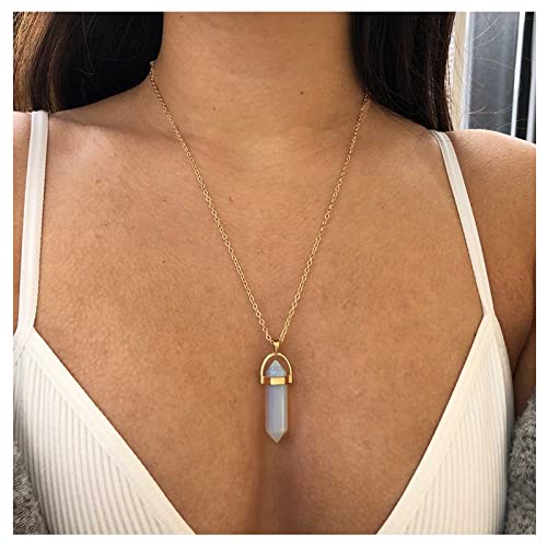 Dervivea Bohème Opal Stein Halskette Choker Hexagonal Kristall Anhänger Kette Gold Lang Mondstein Naturstein Kette Schmuck Für Frauen Und Mädchen von Dervivea