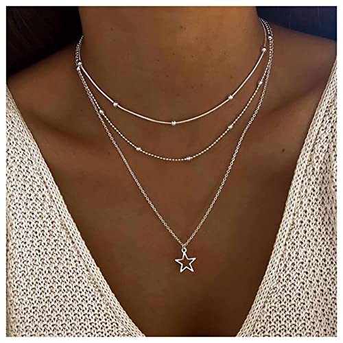 Dervivea Bohemia Hollow Star Choker Necklace Layered Star Pendant Necklace Chain Vintage Silver Satellite Necklace Multilayer Beaded Necklace Chain Jewelry For Women And Girls von Dervivea