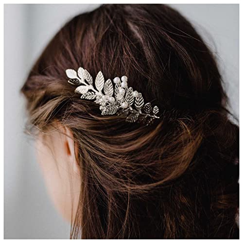 Dervivea Boho Blätter Haar Kamm Perle Braut Hochzeit Haar Kamm Silber Blatt Kopfbedeckung Kamm Metall Blatt Zweig Haar Kämme Kopfstück Dekorative Haar-Accessoires Für Frauen Und Mädchen Kopfschmuck von Dervivea