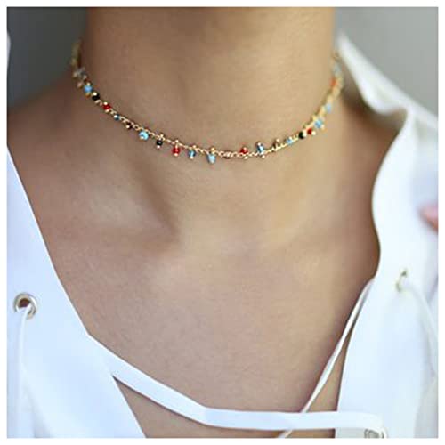 Dervivea Boho Bunte Perle Choker Halskette Baumeln Regenbogen Perle Halskette Kette Multi Farbe Perle Kette Halskette Kurz Perlen Choker Schmuck Für Frauen Und Mädchen von Dervivea