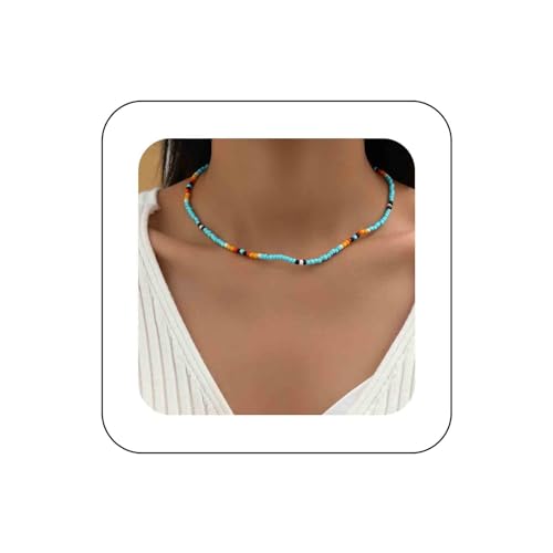 Dervivea Boho Bunte Perlenkette Kette Saatgut Perlen Choker Halskette Sommer Strand Perlen Halskette Winzige Hawaii Reis Perlen Halskette Schmuck Für Frauen Und Mädchen (blau) von Dervivea