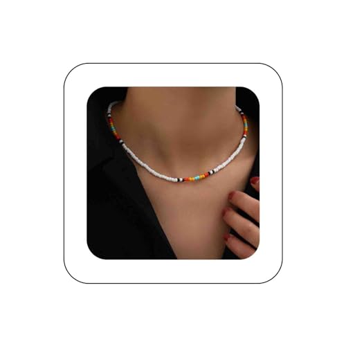 Dervivea Boho Bunte Perlenkette Kette Saatgut Perlen Choker Halskette Sommer Strand Perlen Halskette Winzigen Hawaii Reis Perlen Halskette Schmuck Für Frauen Und Mädchen (weiß) von Dervivea