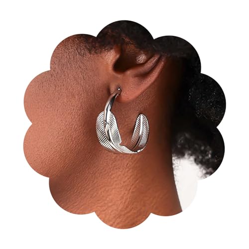 Dervivea Boho Chunky Hoop Stud Ohrringe Silber Blatt Reifen Ohrringe Dicke Kreis Reifen Ohrringe Übertriebene Blätter Ohrringe Breite C Form Ohrringe Schmuck Für Frauen Und Mädchen von Dervivea
