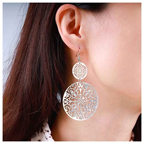 Dervivea Boho Filigrane Scheiben Ohrringe Doppelter Kreis Tropfen Ohrringe Große Hohle Scheibe Ohrringe Runde Filigrane Ohrringe Silberne Scheibe Baumeln Ohrringe Schmuck Für Frauen Und Mädchen von Dervivea