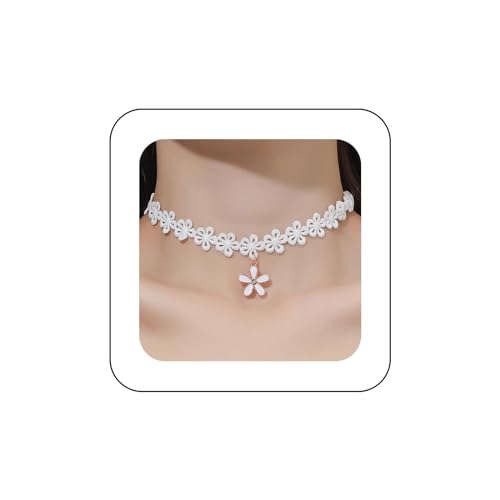 Dervivea Boho Flower Lace Choker Necklace Weiße Spitze Halskette Floral Collar Necklace Daisy Flower Necklace Halloween Lace Necklaces Schmuck Für Frauen Und Mädchen von Dervivea