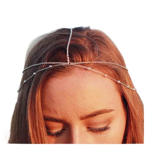 Dervivea Boho Geschichtet Kopf Kette Haarband Silber Perle Haar Kette Haarband Vintage Satellit Kopf Kette Kopfstück Braut Hochzeit Haar Kette Zubehör Schmuck Für Frauen Und Mädchen von Dervivea