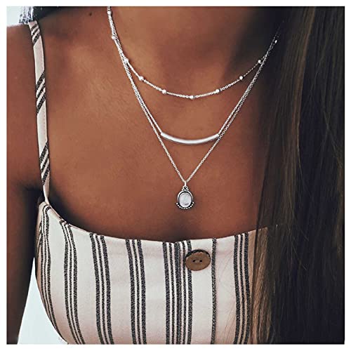 Dervivea Boho Geschichtet Mondstein Halskette Choker Oval Opal Stein Anhänger Halskette Gebogenes Rohr Bar Halskette Silber Horizontale Rohr Halskette Kette Schmuck Für Frauen Und Mädchen von Dervivea