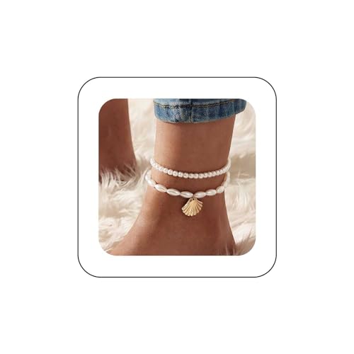 Dervivea Boho Geschichtet Muschel Perle Fußkettchen Gold Jakobsmuschel Fußkettchen Weiße Perle Fußkettchen Armband Perle Fußkettchen Fußkette Perle Stretch Fußkettchen Schmuck Für Frauen Und Mädchen von Dervivea