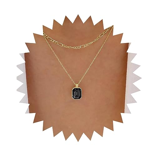 Dervivea Boho Geschichtet Onyx Quadratische Halskette Schwarz Cz Quadratischen Anhänger Halskette Vintage Quadratischen Onyx Choker Halskette Gold Figaro Kette Halskette Für Frauen Und Mädchen von Dervivea