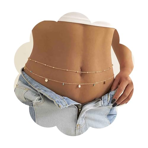 Dervivea Boho Geschichtet Pailletten Taille Kette Türkis Quaste Bauch Kette Gold Perle Baumeln Körper Kette Scheibe Münze Bauch Kette Sommer Bikini Taille Körper Kette Schmuck Für Frauen Und Mädchen von Dervivea