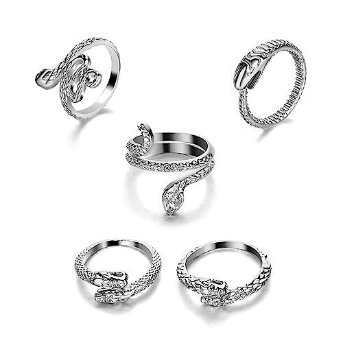 Dervivea Boho Geschichtet Schlange Knöchel Ringe Silber Stapelbar Serpent Offene Ringe Punk Schlange Fingerringe Multi Schlange Ringe Set Schmuck Für Frauen Und Mädchen 5pcs von Dervivea