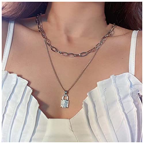 Dervivea Boho Geschichtet Schloss Choker Halskette Silber Büroklammer Kette Halskette Kristall Schloss Anhänger Halskette Cz Vorhängeschloss Halskette Kette Schmuck Für Frauen Und Mädchen von Dervivea