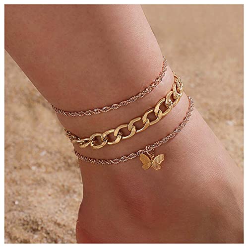 Dervivea Boho Geschichtet Schmetterling Fußkettchen Gold Kandare Kette Knöchel Armbänder Strand Twist Seil Fußkettchen Schmetterling Charme Fußkettchen Schmuck Für Frauen Und Mädchen 3pcs von Dervivea