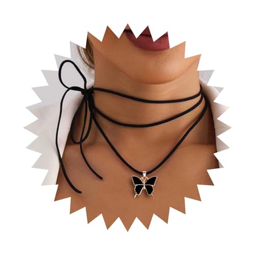 Dervivea Boho Geschichtet Schwarz Samt Halskette Schmetterling Samt Choker Halskette Schwarz Emaille Schmetterling Halskette Wildleder Kragen Halskette Schmuck Für Frauen Und Mädchen von Dervivea