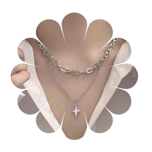 Dervivea Boho Geschichtet Stern Anhänger Halskette Kleiner Glücksstern Halskette Himmlischer Stern Choker Halskette Silberne Büroklammer Kette Halskette Schmuck Für Frauen Und Mädchen von Dervivea