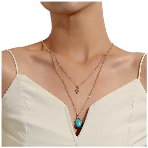 Dervivea Boho Geschichtet Türkis Halskette Türkis Edelstein Anhänger Halskette Teardrop Türkis Halskette Kette Gold Geometrische Dreieck Choker Halskette Schmuck Für Frauen Und Mädchen von Dervivea