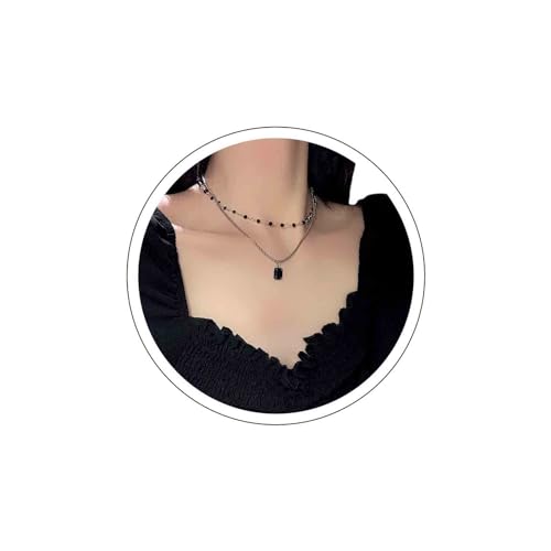 Dervivea Boho Geschichtete Schwarze Kristall Halskette Onyx Edelstein Anhänger Halskette Onyx Perlen Kette Halskette Quadratisch Onyx Halskette Schmuck Für Frauen Und Mädchen von Dervivea