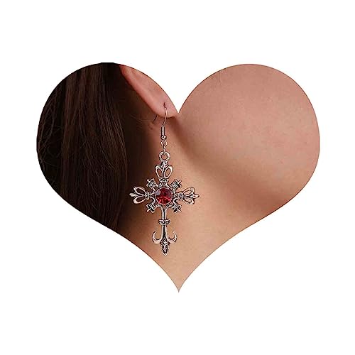 Dervivea Boho Gothic Kreuz Baumeln Haken Ohrringe Rubin Kreuz Tropfen Ohrringe Kreuz Glauben Ohrringe Rot Kristall Gefüllt Kreuz Ohrringe Silber Religion Ohrringe Für Frauen Und Mädchen von Dervivea