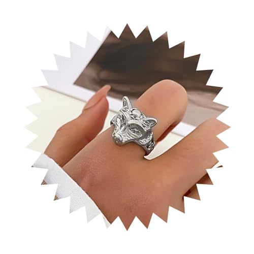 Dervivea Boho Hundekopf Ring Silber Hund Ring Welpe Band Ring Hund Finger Ring Hund Haustier Ring Niedlich Welpe Ring Schmuck Für Frauen Und Mädchen von Dervivea