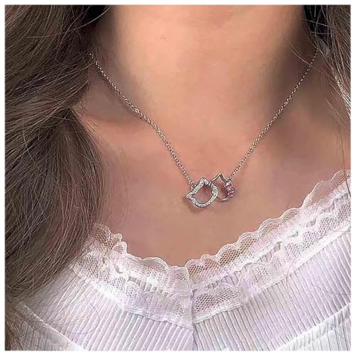 Dervivea Boho Katze Halskette Silber Kristall Kitty Halskette Kette Rosa Katze Niedlich Tier Halskette Choker Katze Anhänger Halskette Schmuck Für Frauen Und Mädchen von Dervivea