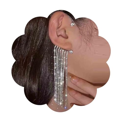 Dervivea Boho Kristall Kette Manschette Wrap Ohrringe Lange Strass Quaste Ohrringe Silber Cz Ohr Wrap Ohrringe Cz Manschette Climber Ohrringe Strass Ohr Manschette Ohrringe Kein (Silber Rechts) von Dervivea