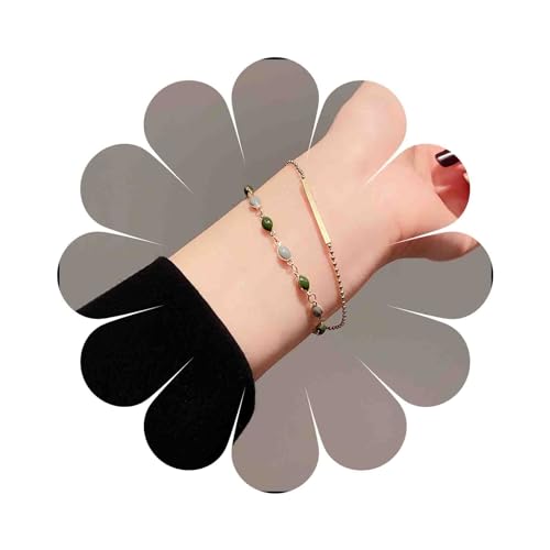 Dervivea Boho Layered Green Bead Armband Fußkettchen Gold Bar Armband Kette Grüne Jade Kette Armband Doppelschicht Bar Handkette Armband Schmuck für Frauen und Mädchen von Dervivea