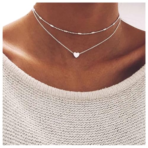 Dervivea Boho Layered Herz Halskette Kette Silber Satelliten Choker Halskette Love Herz Anhänger Halskette Ballstation Halskette Choker Schmuck für Damen und Mädchen 2 Stk von Dervivea