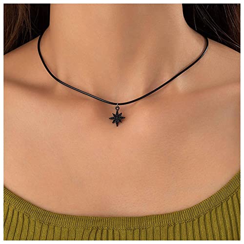 Dervivea Boho Leder Stern Choker Halskette Schwarze Lederschnur Halskette Nordstern Anhänger Halskette Dünnes Schwarzes Seil Halskette Schmuck Für Frauen Und Mädchen von Dervivea