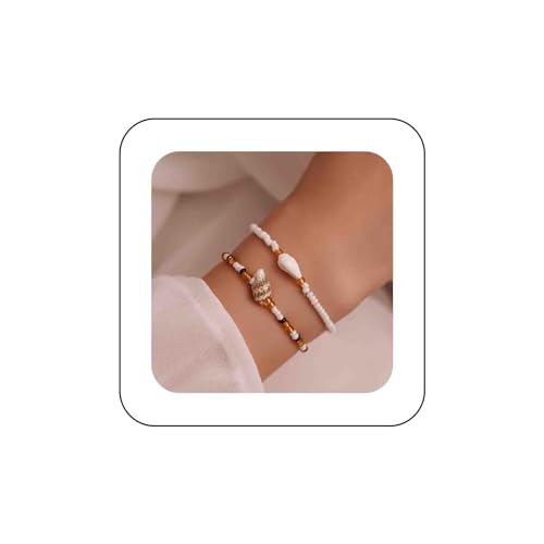 Dervivea Boho Muschel Perlen Armbänder Reis Perlen Elastische Armbänder Geschichtet Samen Perlen Armband Kette Uatural Shell Armband Handkette Schmuck Für Frauen Und Mädchen 2pcs von Dervivea