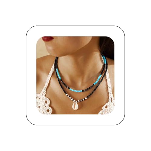 Dervivea Boho Muschel Perlen Choker Halskette Muschel Seestern Kragen Halskette Geschichtet Samen Perlen Kette Halskette Sommer Strand Halskette Reisperlen Halskette Schmuck (schwarz Perlen) von Dervivea