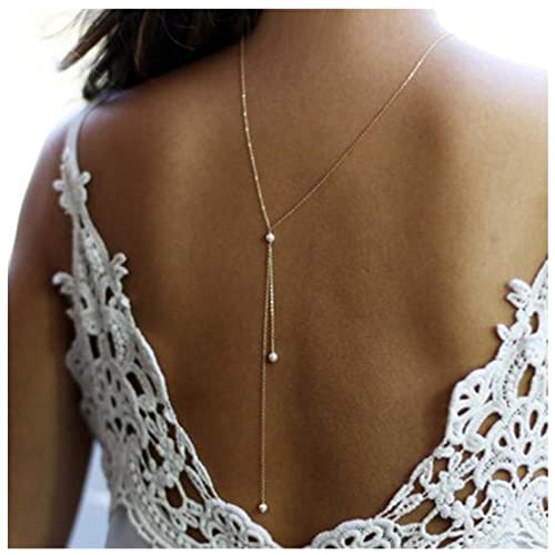 Dervivea Boho Pearl Back Halskette Pearl Backdrop Halskette Gold Back Drop Chain Summer Bridal Backless Chain Necklace Body Chain Schmuck für Frauen und Mädchen von Dervivea