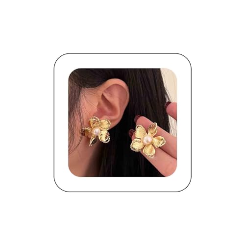 Dervivea Boho Perle Blume Ohrstecker Metall Blume Ohrringe Große Gold Blumen Ohrringe Vintage Blume Blütenblatt Ohrringe Blume Aussage Ohrringe Schmuck Für Frauen Und Mädchen von Dervivea