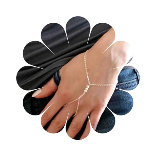 Dervivea Boho Perle Finger Ring Armband Winzige Perle Perle Sklave Armband Silber Perle Kette Finger Ring Armband Vintage Perle Armbänder Hand Kette Schmuck Für Frauen Und Mädchen von Dervivea