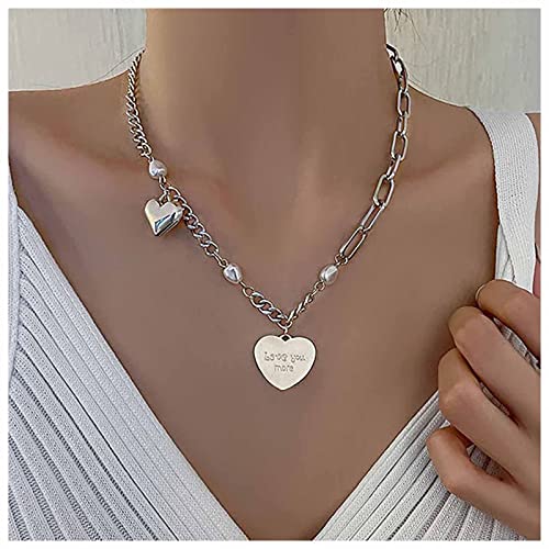 Dervivea Boho Perlenkette Silber Herz Anhänger Halskette Punk Chunky Chain Choker Halskette Barock Perlenkette Halskette Schmuck Für Frauen Und Mädchen von Dervivea