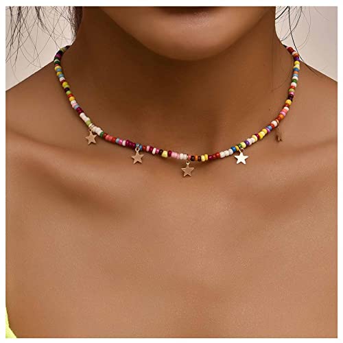 Dervivea Boho Regenbogen-Perlen-Choker-Halskette Baumelnde Stern-Halskette Strandperlen-Choker-Halskette Bunte Rocailles-Halsketten-Schmucksachen für Frauen und Mädchen von Dervivea