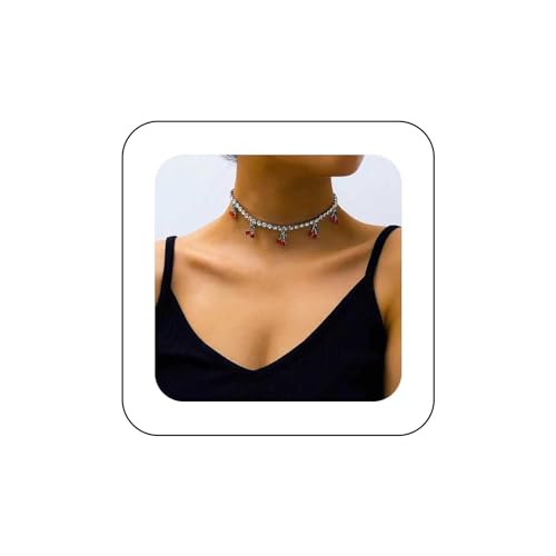 Dervivea Boho Ruby Cherry Choker Halsketten Silber Tennis Kette Kragen Halskette Rote Kirsche Anhänger Halskette Ruby Kirsche Halsketten Kettenschmuck Für Frauen Und Mädchen von Dervivea