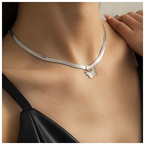 Dervivea Boho Schmetterling Choker Halskette Flach Schlange Kette Halskette Schmetterling Anhänger Halskette Silber Fischgrätenkette Schmuck Für Frauen Und Mädchen von Dervivea