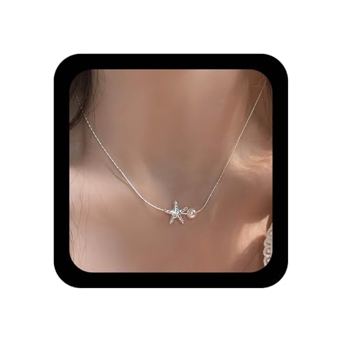 Dervivea Boho Seestern Perle Anhänger Halskette Silber Seestern Choker Halskette Winzige Perle Seestern Kragen Halskette Vintage Imitation Perle Kette Halskette Schmuck Für Frauen von Dervivea