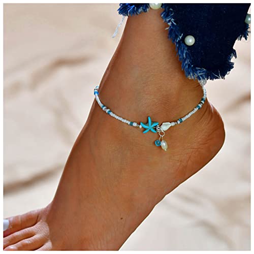 Dervivea Boho Seestern Perlen Fußkettchen Armbänder Weiß Perlen Fußkettchen Strand Perlen Knöchel Armband Sommer Blau Seestern Fußkette Schmuck Für Frauen Und Mädchen von Dervivea