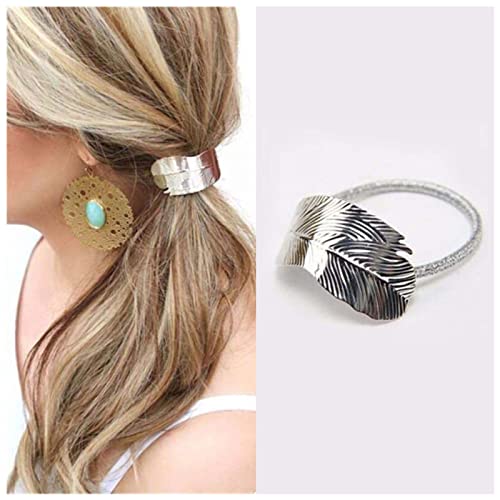 Dervivea Boho Silbernes Blatt Haargummi Haarband Pferdeschwanz Halter Haarseil Minimalistisches Blatt Haarband Seil Metallfeder Haargummis Haargummi Dekorativer Haarschmuck für Frauen und Mädchen von Dervivea