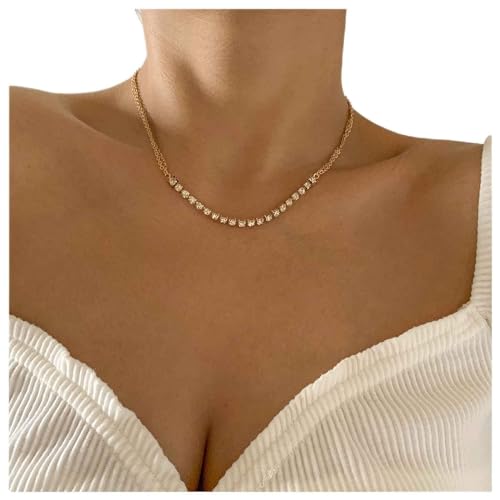 Dervivea Boho Tennis Kette Choker Halskette Sparkling Strass Choker Halsketten Gold Cz Kette Halskette Kurze Tennis Halskette Schmuck für Frauen und Mädchen von Dervivea