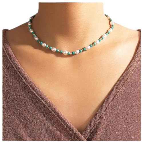 Dervivea Boho Türkis Perlenkette Choker Winzige Perlenkette Halskette Türkis Perlenkette Blau Perlenkette Clavicle Halskette Schmuck Für Frauen Und Mädchen von Dervivea