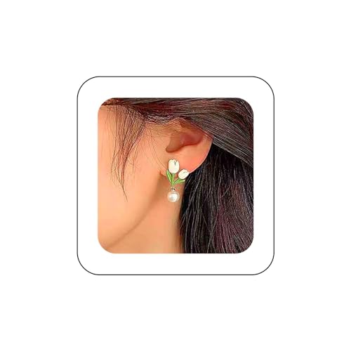 Dervivea Boho Tulpe Blume Ohrstecker Ohrringe Blume Perle Ohrringe Weiß Floral Ohrringe Kleine Tulpe Ohrringe Geburt Blume Ohrringe Hochzeit Perle Baumeln Ohrringe Schmuck Für Frauen Und Mädchen von Dervivea