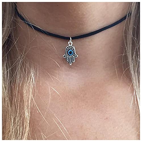 Dervivea Boho Wildleder Hamsa Halskette Choker Black Velvet Collar Halskette Hamsa Evil Eye Pendant Halskette Minimalist Short Velvet Cord Choker Halskette Schmuck für Frauen und Mädchen von Dervivea