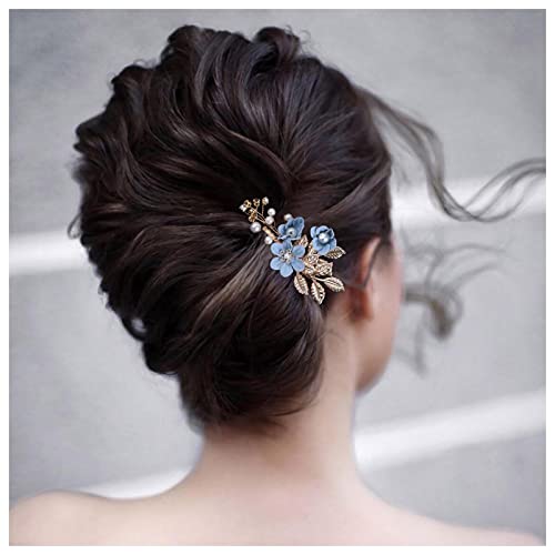 Dervivea Braut Blatt Blume Haar Kamm Perle Hochzeit Haar Kämme Blau Blume Seite Kamm Strass Kristall Kopfstück Dekorative Haarschmuck Für Frauen Und Mädchen Kopfschmuck von Dervivea