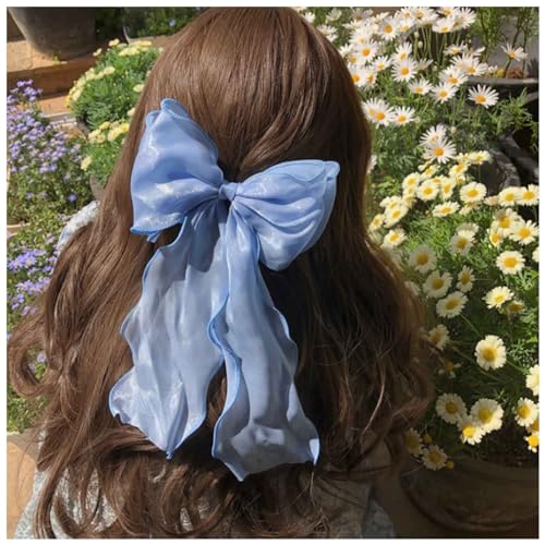 Dervivea French Long Ribbon Bow Hair Clip Chiffon Bow Hair Barrette Long Silk Satin Hairclips Large Bow Tail Hair Clips Pin Blue Bowknot Hair Accessories Decorative for Women and Girls Headdress von Dervivea