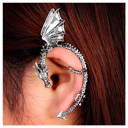 Dervivea Gothic Drachen Ohrhänger Ohrringe Silber Drachen Ohrclip Ohrringe Punk Metall Drache Ohrmanschette Ohrringe Übertriebener Drache Ohrkletterer Ohrringe Kein Piercing Ohrringe von Dervivea